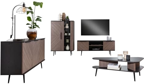 Mirjan24 Wohnzimmer-Set Pilksis II, Griffe und Füße aus Metall, gedämpftem Schließsystem, Wohnzimmerschrank, im Set: Kommode, Couchtisch, Vitrine, TV Lowboard (Schwarzer Graphit/Captains Deck)