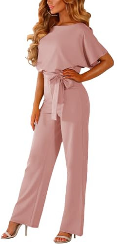 amropi Femmes Combinaison Manches Courtes Barboteuse Jumpsuit Élégant Pantalon Casual Combishort avec Ceinture Rose,3XL