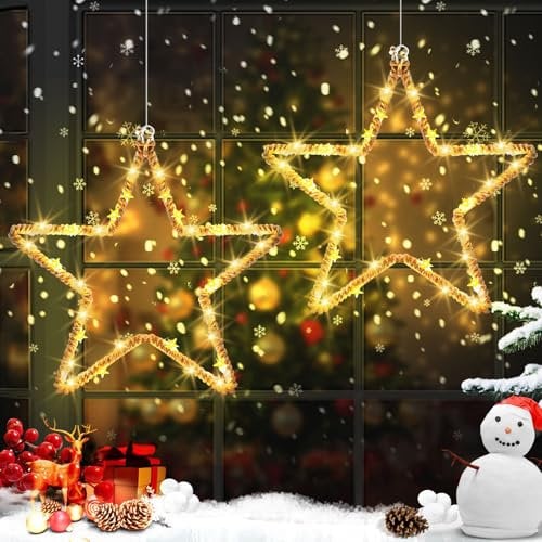 2 Stück Weihnachtsbeleuchtung Fenster, 30 LED Fensterbeleuchtung Weihnachten Batteriebetrieben mit Timer Schnur Umwickelt Leuchtsrentier Weihnachten, Sterne Deko für Innen Außen Party Hochzeit
