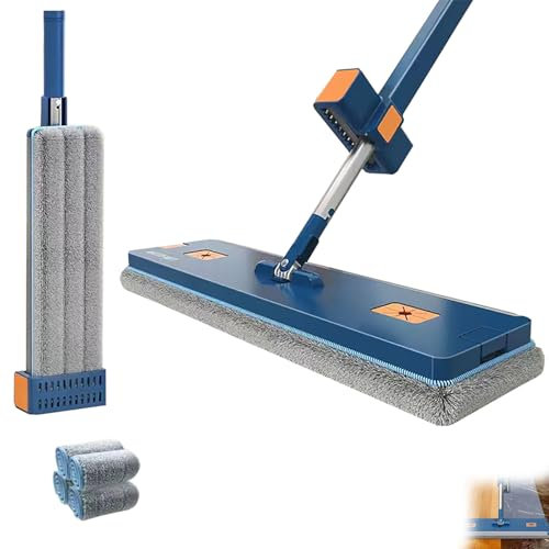 Grand Balai Plat, Grand Balai Plat Humide et Sec, Grand Balai Plat Microfibre en Acier Inoxydable à Long Manche, Balai réglable Rotatif à 360° (Bleu + 4 Chiffons)