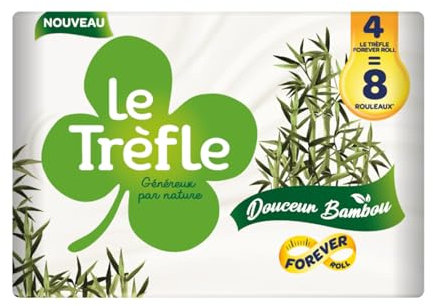Le Trèfle Douceur Bambou - 4 Rouleaux de Papier Toilette, triple épaisseur, 260 Feuilles par Rouleau, Naturellement doux pour la Peau, Rouleaux dotés de Fibres de Bambou,Certifié FSC, Emballage Papier