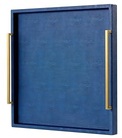 24x24 Oversized Square Ottoman Tray for Living Room, Extra Large Navy Blue Shagreen Leather Decorative Tray for Coffee Table,Wooden Serving Trays for Dinner Party (navyblue-Gold Handle, 24)