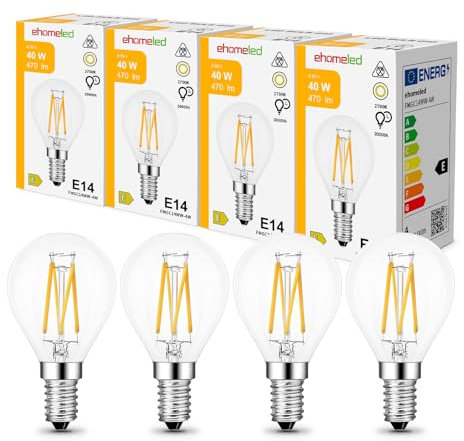 ehomeled E14 LED G45 Mini Glühbirne Warmweiß 2700K, Klares Glas & Retro-Filament, 470lm 4W (=40W), Vintage LED Lampe für Kronleuchter & Tischlampe, 4er-Pack