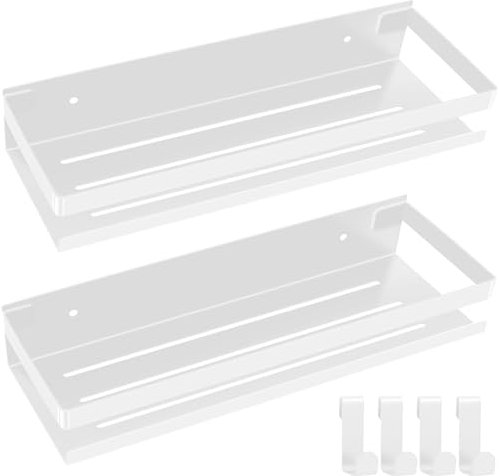 FoiiLiio Estanteria Ducha Sin Taladro Blanco 2 Piezas Estanteria Baño con 4 Ganchos 30cm Estanteria Ducha Acero Inoxidable, Organizador Estanteria para Cocina Y Baño