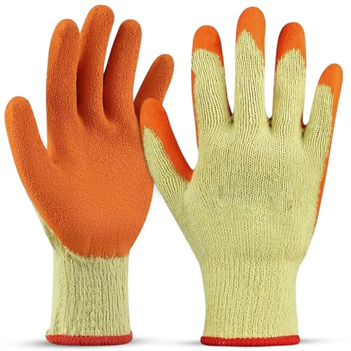 PDS 10 Pairs Latex Coated Orange Rubber Work Gloves - Mens Safety Builders Gardening Scaffolding Mens Safety Gloves - Heavy Duty Gloves - safety work gloves (Large (10 Pairs))