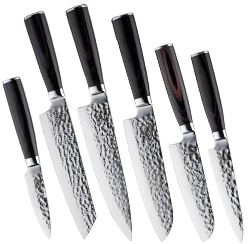 Messerhai Messerset Tanoshi, 6-teiliges Premium-Küchenmesser-Set mit gehämmerten Klingen – Chefmesser, Santoku, Kiritsuke, Santoku, Universalmesser, Schälmesser, in Geschenkbox