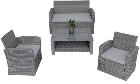 4 Seater Rattan Garden Furniture Set 4 Piece Grey with Coffee Table