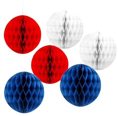 6 pompones de papel para colgar del Día de la Independencia, 4 de julio, color rojo, blanco y azul, adornos de bolas de papel para sala de fiestas estadounidenses, techo, pared, hogar, suministros