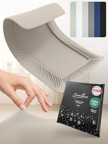 Samthus Jersey Spannbettlaken 140x200cm Oeko-Tex Made In Green - Beige | Bettlaken Spannbetttuch aus 100% gekämmter Baumwolle - auf Hautverträglichkeit getestet - Bezug für Matratzen 15-25cm