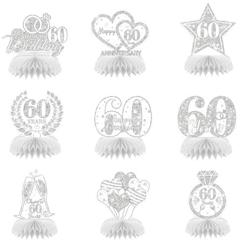 9Pcs Diamond Wedding Anniversary Decorations Romantic 60th Honeycomb Dining Table Decoration (60th)