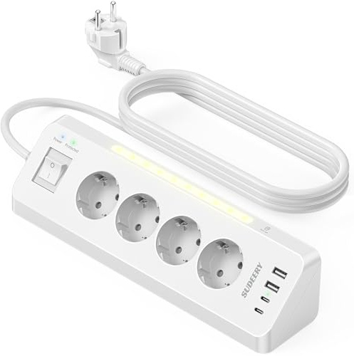SUDEERY Multiprise d'angle avec USB (2 type C), 4 prises de bureau, encastrée, avec interrupteur, prise d'angle avec LED, pour cuisine, blanche