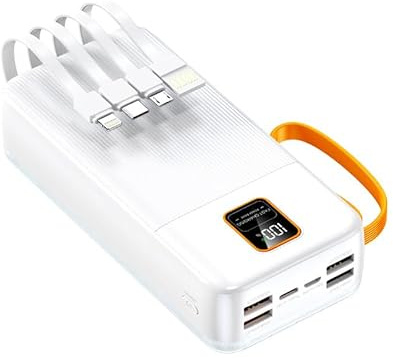 20000mAh 30000mAh Power Bank With 4 Built in Cables 120W Fast Charging 20W PD Portable Battery Charger USB C Powerbank with LED Display Stand USB-C Powerbank for all device (White, 30000 MAH)