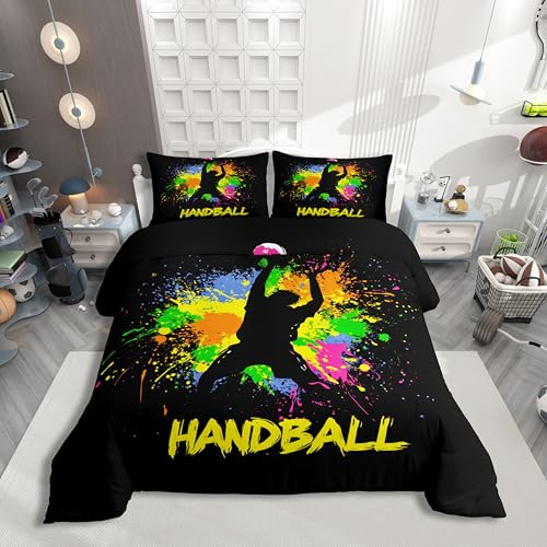Homewish Handball Jungen Bettwäsche Bunter Tinten Graffiti Stil Männer Bettbezug Set 135x200cm für Kinder Kunst Batik Bettwäscheset Sportbegeisterte Bettset Mikrofaser Weich 1 Kissenbezug Raumdekor