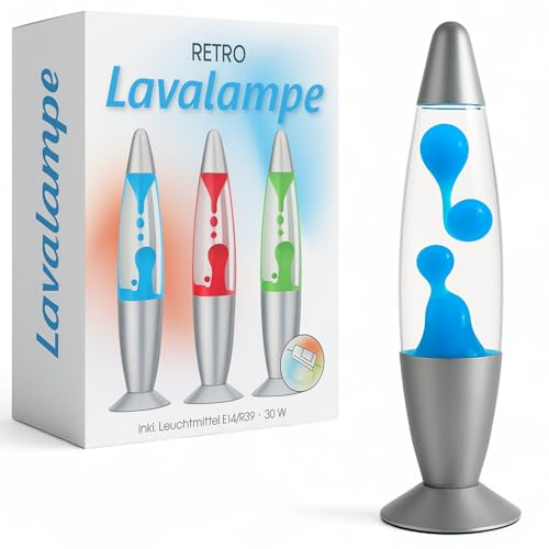 MIJOMA Retro Lavalampe 30 cm – Dekorative Lavaleuchte aus Glas & Aluminium mit silbernem Fuß – Stimmungslicht mit Schnurschalter im kultigen 70er-Jahre-Design, Blau