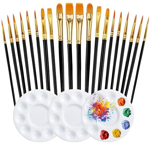 20 Pcs Paint Brushes with 3Pcs Palettes for Children Watercolor, Black | Face Paint Brushes Set for Acrylic Gouache and Oil Painting Suitable for Decorations, Figurines, Nail Art