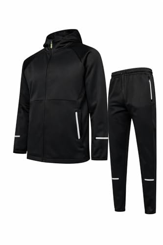 Comfort Collections Men’s Tracksuit Set – Hooded Zip Up Jacket & Jogger Bottoms, Zipped Pockets, Reflective Detail, Gym Running Casual Sportswear (UK, Alpha, XL, Regular, Regular, Black)