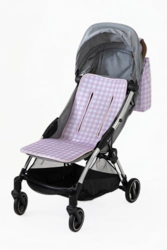 Baby Pasitos Colchoneta Bebé Universal 34x84 cm y/o Bolso Organizador Carro 35x33x10 cm – Accesorios Silla Paseo – Transpirable 3D – Pack Disponible (Pack Bolso y Colchoneta Cuadros Rosa)