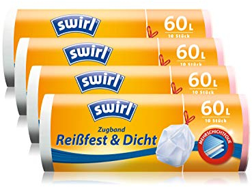 Swirl Zugband-Müllbeutel, 60 Liter, 4 Rollen mit je 10 Beuteln, Weiß