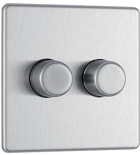 BG Electrical Intelligent Double Wall Dimmer Switch, 2 Way, Screwless Front Plate, Premium Flatplate, Brushed Steel, 200W, FBS82