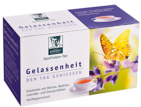 BADERs Apotheken-Tee Gelassenheit. Kräutertee mit Lavendel, Baldrian und Melisse. Den Tag genießen, in der Nacht gut schlafen. 20 Filterbeutel. PZN 09738486