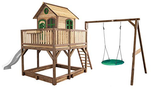 AXI Spielhaus Liam mit Sandkasten, Nestschaukel & weißer Rutsche | Stelzenhaus XXL in Braun & Grün aus FSC Holz für Kinder | Spielturm mit Wellenrutsche für den Garten