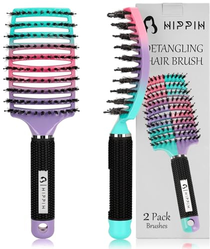 Hair Brushes for Women 2 Pack, HIPPIH Detangler Hair brush for Adult & Kids’ Wet or Dry Hair, Boar Bristle Hair Brush Getting Knots Out without Pain Adds Shine and Makes Hair Smooth