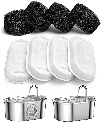 SOOFPET Filtri Fontanella per Gatti, Filtro per Acciaio Inossidabile Fontana per Gatti 3,2L, 4 Pezzi di Filtro a Carbone + 4 Pezzi di Filtro a Schiuma
