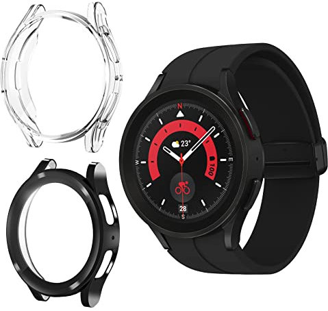 ToVioc Funda para Samsung Galaxy Watch 5 Pro 45mm Protectora Todo Incluido, [2 Piezas] [Flexible TPU] [Anti-Rasguños] Cáscara Protectora para Samsung Galaxy Watch 5 Pro 45mm - Negro & Transparente