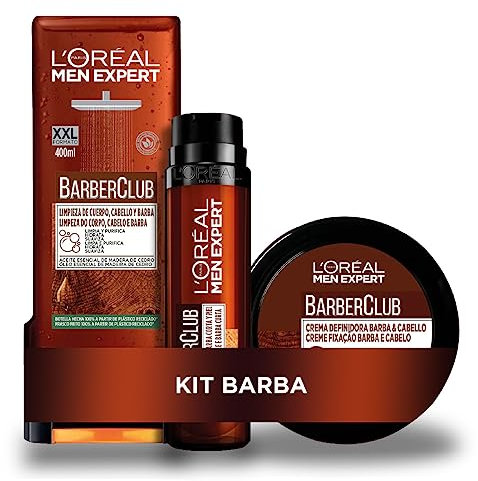 L'Oreal Paris Men Expert Pack Barber Club de Rutina de Cuidado de Barba para Hombre con Cera de Fijación + Crema Hidratante para Barba + Gel de Ducha