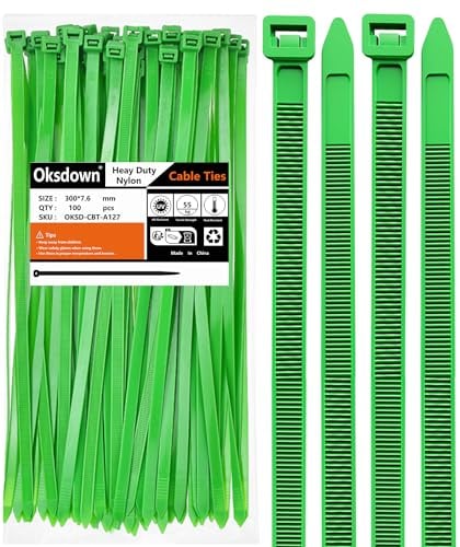 Oksdown 300 mm x 7,6 mm Collier de Serrage Plastique Vert Serre Câbles Longs Rilsan Ultra Solides Résistant aux UV Attache Câble Lot de 100 Pièces