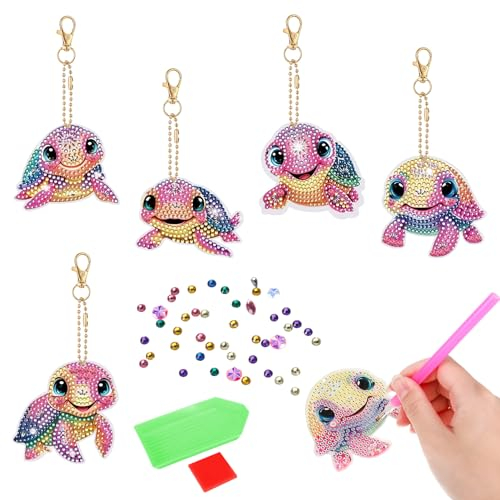 Xialvyu 5 Stücke Schildkröte Diamond Painting Schlüsselanhänge,5D Doppelseitige Diamantmalerei Anhänger für Kinder