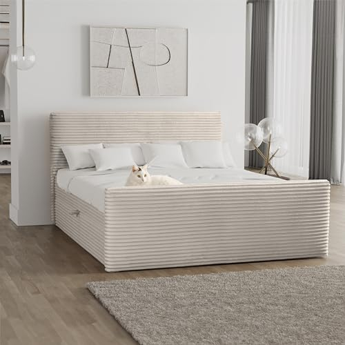 Kaiser Möbel Trento Boxspringbett mit bettkasten und Topper 160 x 200 cm Matratze Doppelbett Bettgestell Stilvoll Schlafzimmer Rahmenbettgestell Stoff Velo Ecru