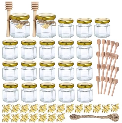 MEETOZ Mini Glass Honey jars-1.5 oz, 20 pcs Hexagon Honey Jars with Wooden Dipper, Gold Lid, Bee Pendant, Rope-20m Mini Honey Jars, Perfect for Wedding, Party Favors, Shower Favors, Canning