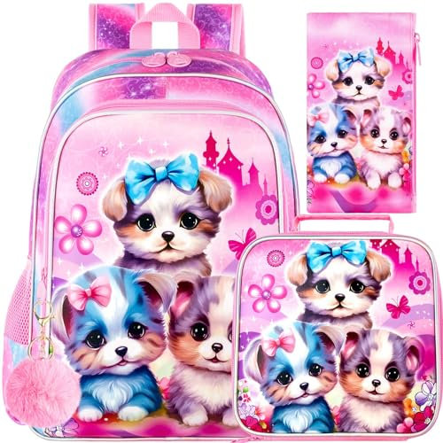 Mädchen-Rucksack, 40,6 cm, Kinder-Büchertasche mit Lunchbox, wasserabweisend, Schultasche für Grundschule, Kleinkinder, 3 Stück, Hunderucksack mit UV-Druck, Einheitsgröße, 3-teiliges