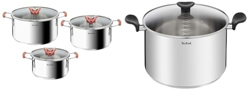 Tefal Opti’Space Lot de 3 faitouts 18/20/24 cm + 3 couvercles verre, Induction, Acier inoxydable, Empilable G720S674 & PRIMARY acier inoxydable marmite 28 cm + CV