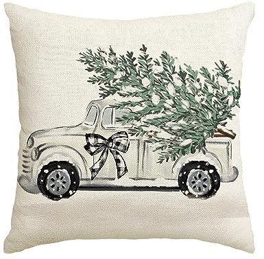 Artoid Mode Lastwagen Baum Schleife Weihnachten Kissenbezug, 50x50 cm Saisonnal LKW Winter Zierkissenbezug Cushion Cover Couch Wohnzimmer Deko