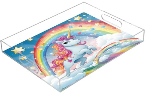 Bandejas acrílicas para servir con diseño de estrella de unicornio arcoíris, bandeja rectangular transparente con asas para mesa de café, cocina y baño