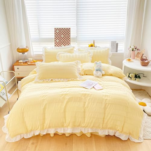 ZIQINPSQ Seersucker Duvet Cover Set Ruffle Duvet Cover Bedding Set,Romantic French Princess Style Ruffled Duvet Cover with Zipper Closure (Yellow, Double)