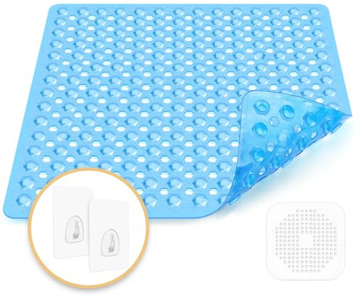 Duschmatte rutschfest,53x53cm,100% BPA frei,inkl 1 Abflusssieb Silikon,Antirutschmatte Dusche,maschinenwaschbar, schimmelresistent,hautsensitiv(Blau)