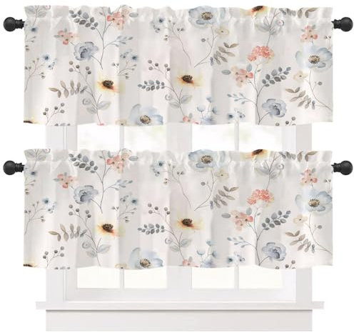 Ausing Florale Flächenvorhänge 2er Set Kurzer Küchenvorhang mit Blumendrucken Lichtfilternde Volants 137×45 cm, Rot
