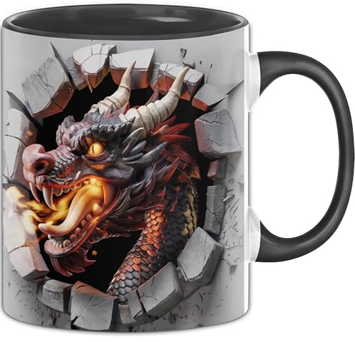 3D Feuer speiender Drache Tasse Geschenk Feuer speiender Drache Durchbruch Wand Spruch Geschenkidee für Drachen Liebhaber (Schwarz)