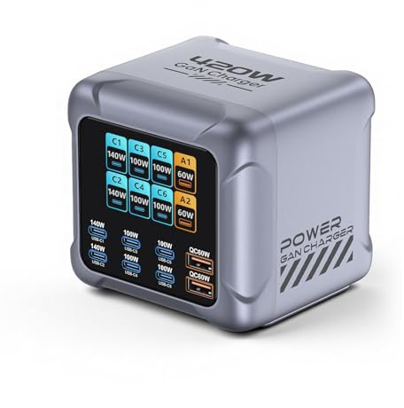8 in 1 & 420W USB C Ladegerät, LCD-Display Ultra-schnelle GaN Ladestation (6C+2A) Max PD140W/QC60W Ladegerät Mehrfachusb, kompatibel mit iPhone 17/16/15, iPads, Android und Tablets (Silber)