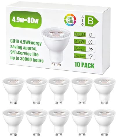 Energieklasse B GU10 LED Warmweiss,4.9W 900LM Entspricht 80W Glühbirne | 3000K Warmweiß,Energiesparlampe,38° Abstrahlwinkel,Nicht Dimmbar,GU 10 LED Leuchtmittel für Wohnzimmer, Küche,10 Stück