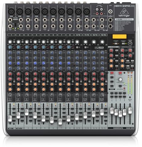 Mezclador Behringer XENYX QX2442USB Premium de 24 entradas y 4/2 buses con preamplificadores de micrófono y compresores XENYX, procesador Klark Teknik Multi-FX, opción inalámbrica e interfaz USB/audio