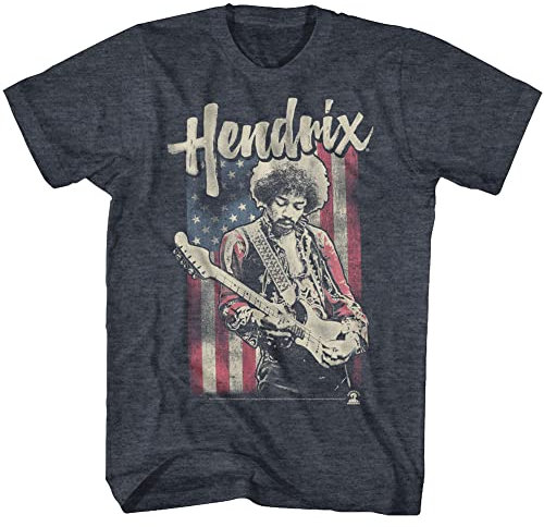 Jimi Hendrix T-Shirt im Stil der 1960er Jahre, psychedelische Musik-Ikone, USA-Flagge, Used-Look, Marineblau, meliert, 3X-Groß