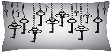 ABAKUHAUS Antique Throw Pillow Cushion Cover, Silhouettes of Old Keys Hanging Chain Links Unlocking Security Home Opener, Decorative Square Accent Pillow Case, 36 X 16 Inches, Pale Grey Black