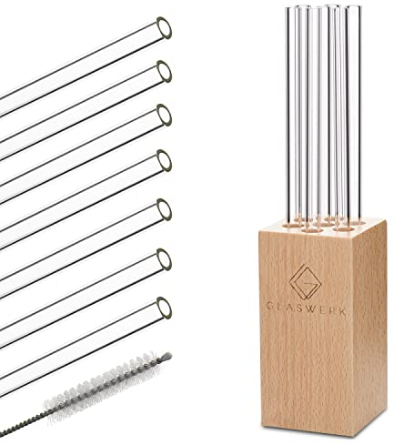 GLASWERK Reusable Glass Straws with Elegant Wooden Holder and Cleaning Brush, Reusable Straws Made of Very Sturdy Glass, Easy to Clean(Pack of 7/20cm Long)