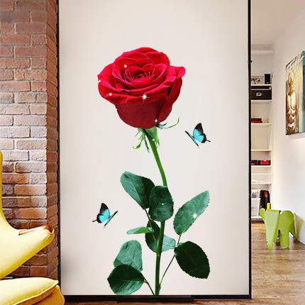 N/A Stickers Muraux 3D Autocollant Rose Fleur Fond Rouge Autocollant Fleur Amovible Décoration Mural pour Salon Chambre