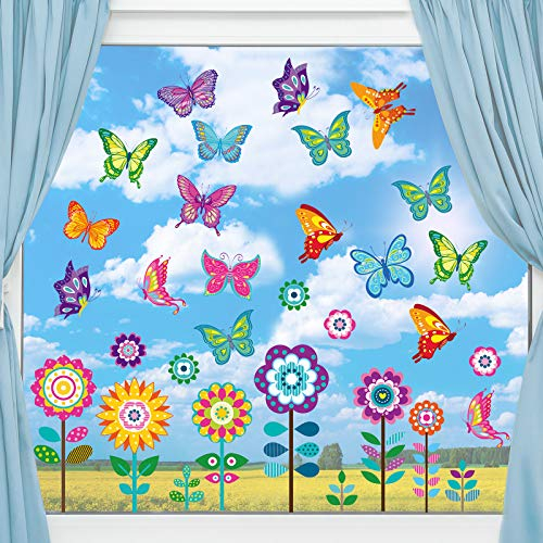 Zonon 72 Stück Frühling Sommer Fenster Aufkleber Große Blumen Schmetterling Fensterbilder Fenster Abziehbilder Anti Kollision Glasfenster Deko für Wohnung Büro Schule Party Geschenk
