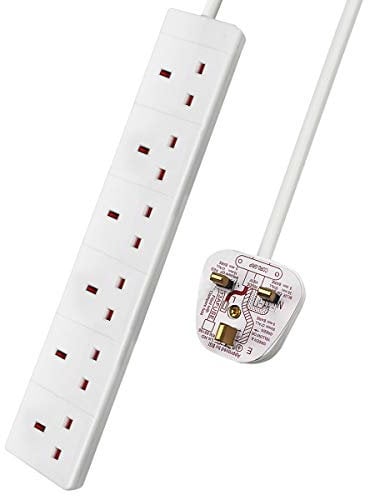 ExtraStar 6 Way Extension Lead, 13A Fused UK Plug Adapter, 3 Metre Extension Cable Power Strip - White